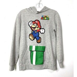 Super Mario Hoodie Sweater Fleece Nintendo Gray Size XL Men Youth Pullover